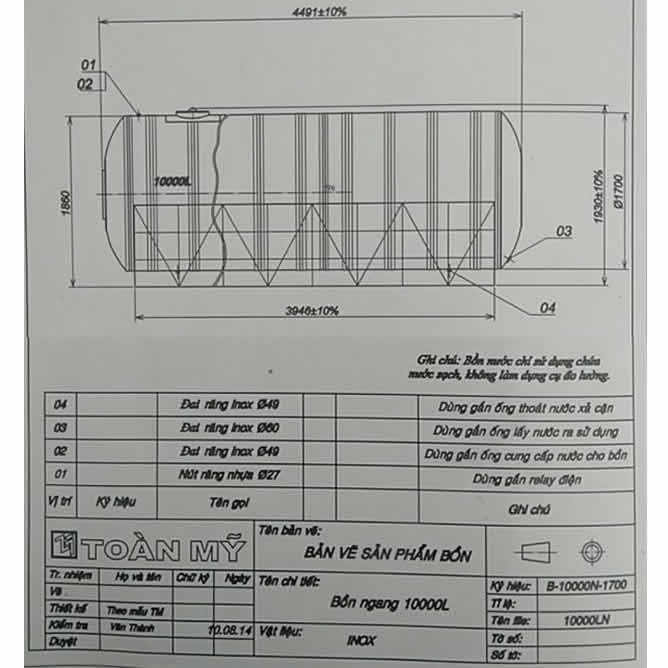 Bồn nước inox Toàn Mỹ 5.000 lít nằm ngang